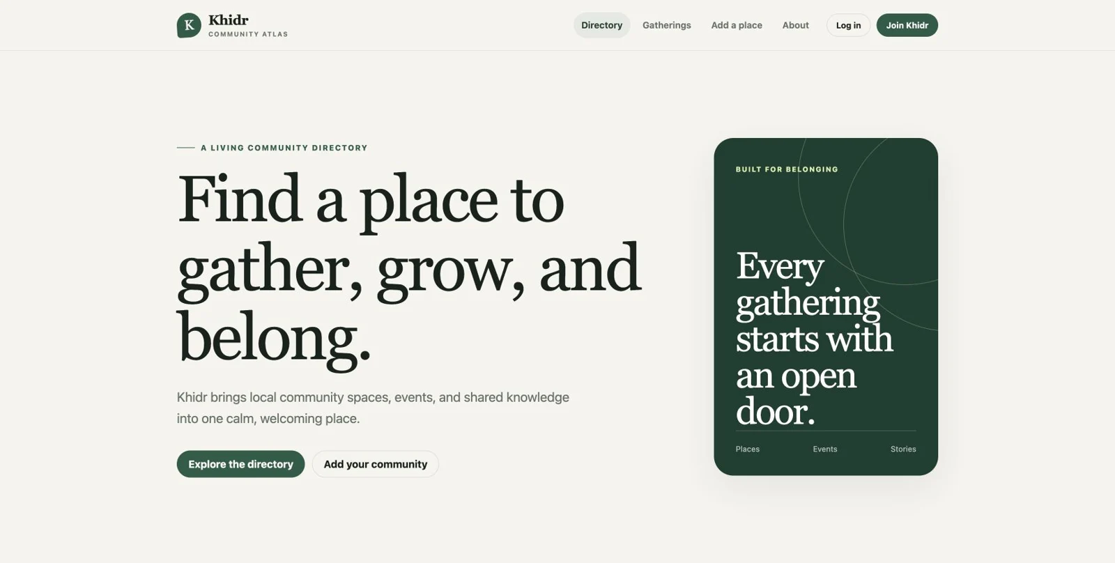 Khidr community atlas website with directory and publishing navigation