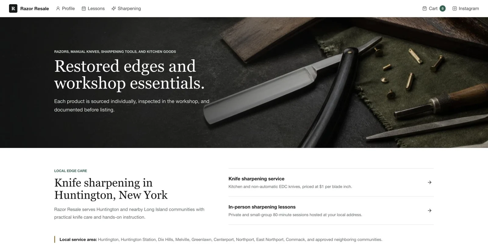 Razor Resale website with its product collection and local sharpening services