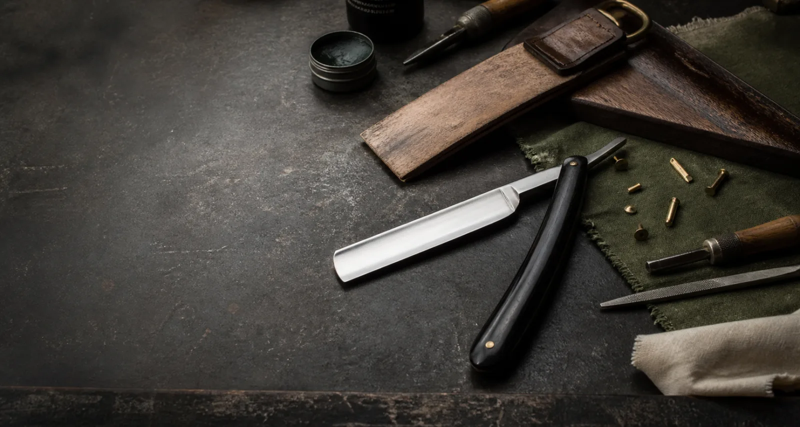 Sharpening tools arranged on the Razor Resale workbench